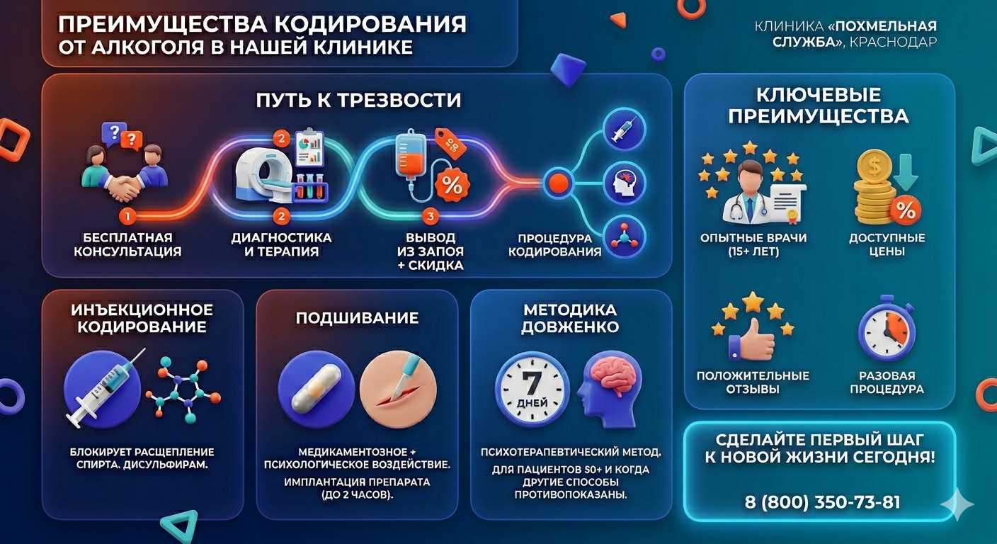 Инфографика о методах кодирования от алкоголя в городе Инта: инъекции, подшивание, метод Довженко. Преимущества клиники и этапы лечения.