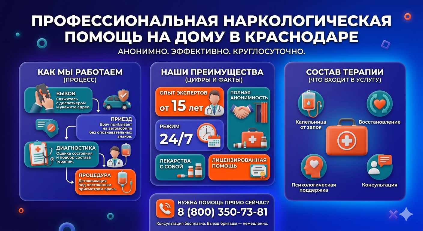 Инфографика о принципах лечения алкоголизма на дому в городе Инта: этапы вызова нарколога, преимущества анонимной детоксикации и состав медицинской помощи.